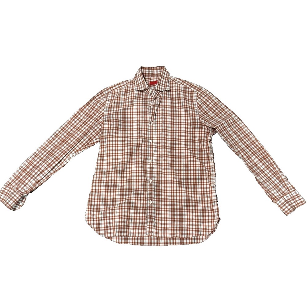 Isaia Napoli Mens Dress Shirt orange white US 16 Size 41 Check Made in Italy